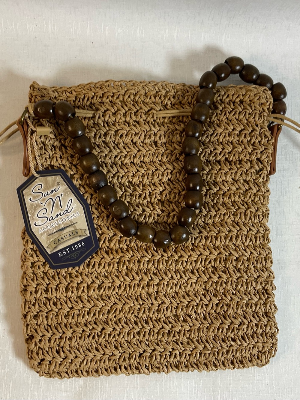 Tan Woven Crossbody Bag with Beaded Strap